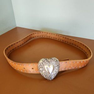 Women's Brown Leather Guess Belt with Silvertone Heart Buckle Size Large